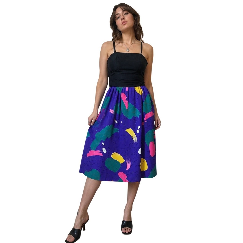 HOWARD WOLF Vintage 80s Abstract Print Fit & Flare Midi Dress Size 8